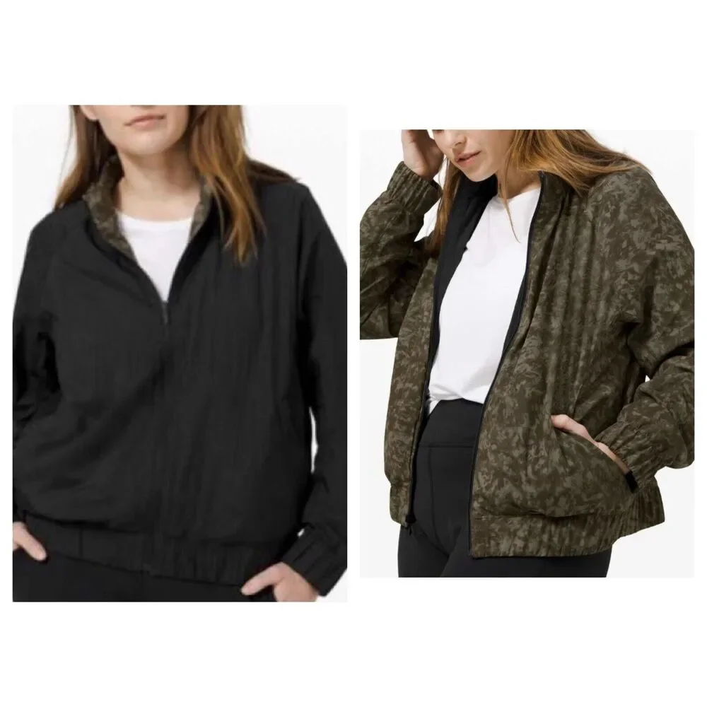 Lululemon Bombs Away Green Camo Black Reversible Windbreaker Sz 4 Bomber Jacket